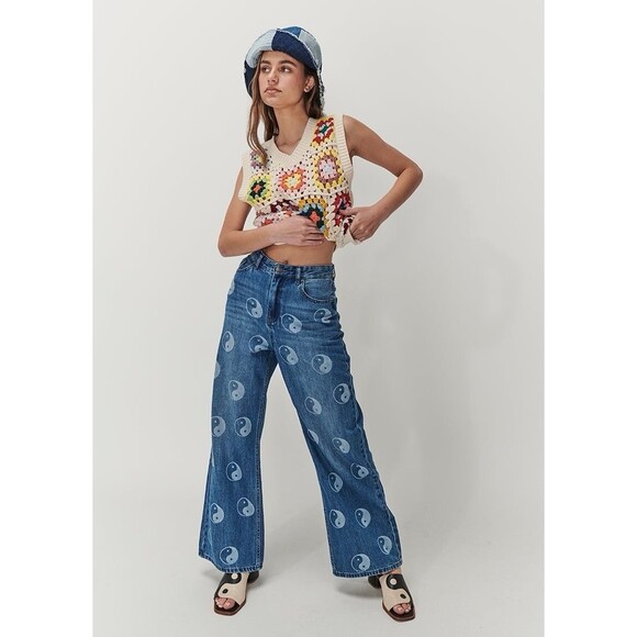 Ghanda Jeans Size 6 Ying Yang Beach Stamp Blue Wide Leg - Picture 3 of 16